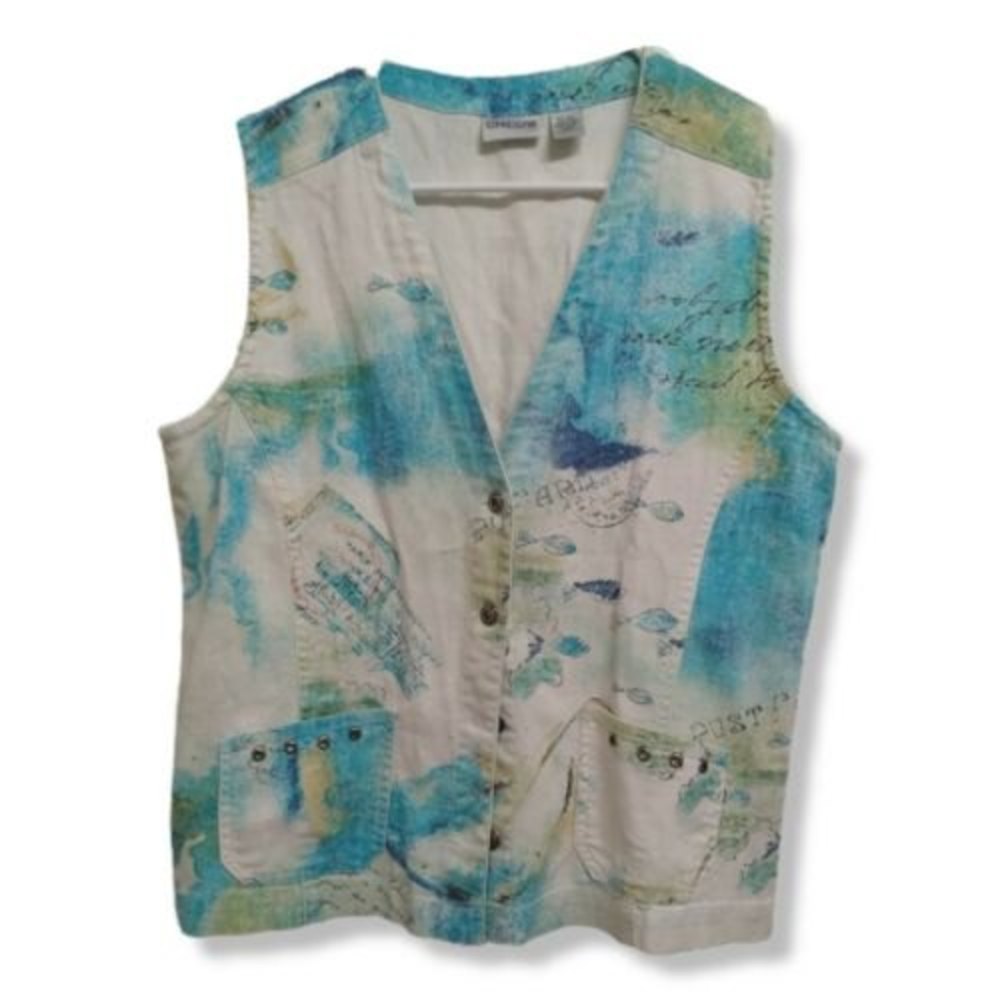 CHICOS Women's Size 1 Beach Vest Off White Blue Green Turquoise Fish Vacay Ocean